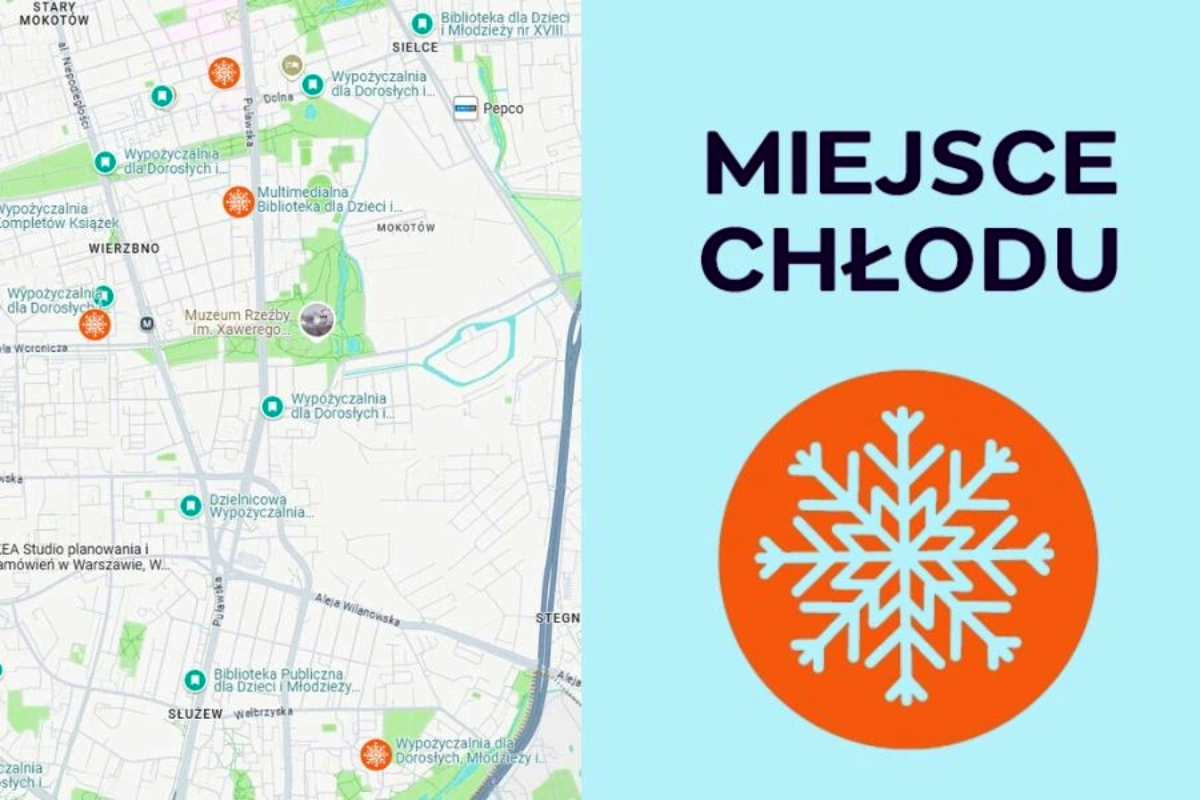 Po lewej stronie mapa dzielnicy Mokotów w Warszawie z zaznaczonymi ikonami płatków śniegu w pomarańczowych kółkach, wskazującymi punkty „Miejsc Chłodu” – miejsc, gdzie można schronić się przed upałem. Po prawej stronie, na błękitnym tle, duży napis „MIEJSCE CHŁODU” i grafika błękitnego płatka śniegu na pomarańczowym kole.