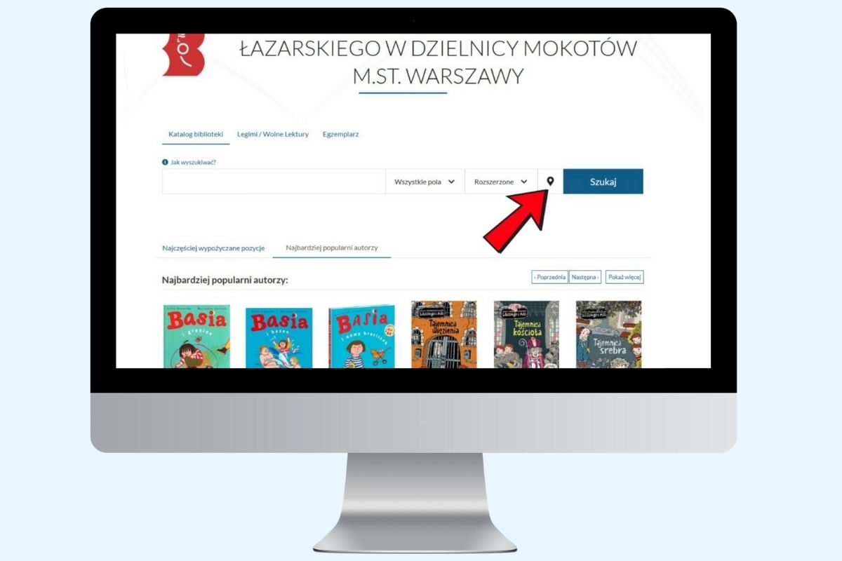 Na błękitnym tle ekran komputera z otwartą stroną katalogu biblioteki