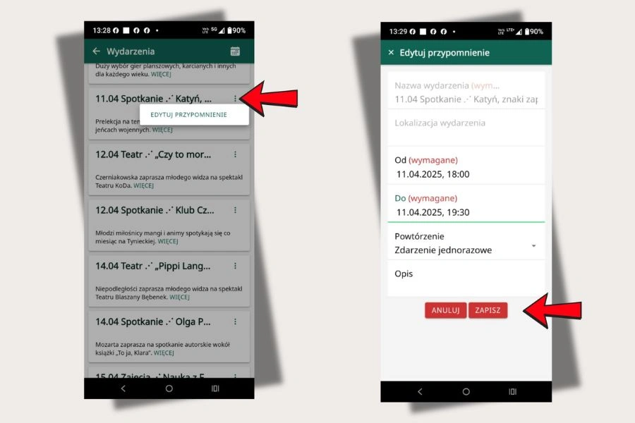 Screeny z aplikacji Prolib i czerwone strzałki