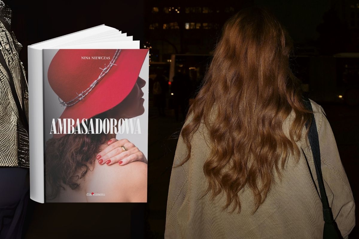 Kobieta z długimi włosami, w płaszczu stoi tyłem, na tle nocy, po lewej wmontowana okładka książki