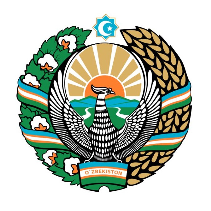 godło Uzbekistanu: w centrum ptak z rozpostartymi skrzydłami, a w tle słońce