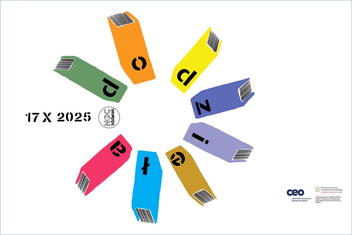 Na białym tle logo Noc Bibliotek, rysunki książek, napis: 17 X 2025