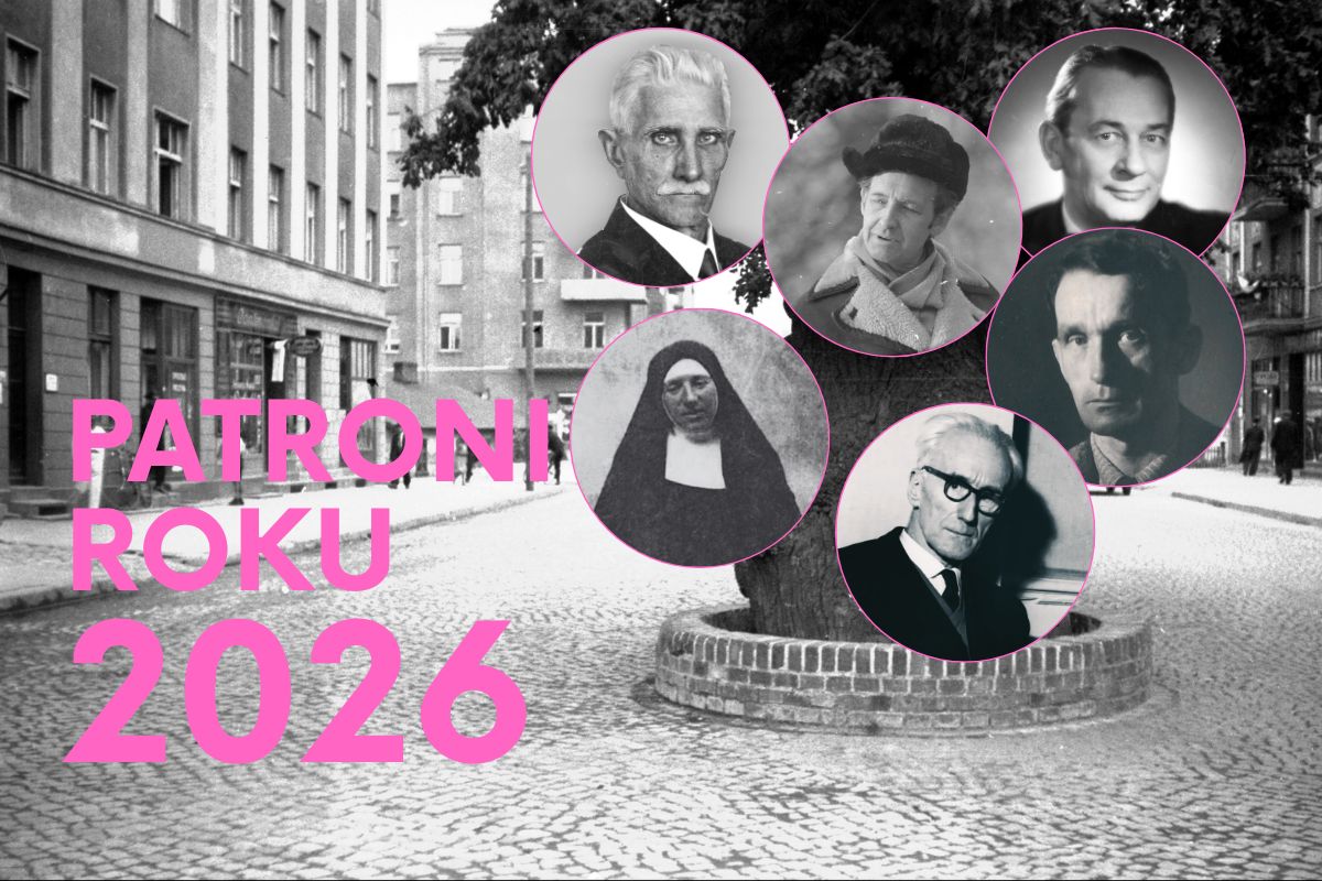 Na tle czarno-białego miasta w kółkach zdjęcia pięciu mężczyzn i zakonnicy, różowy napis: Patroni Roku 2026