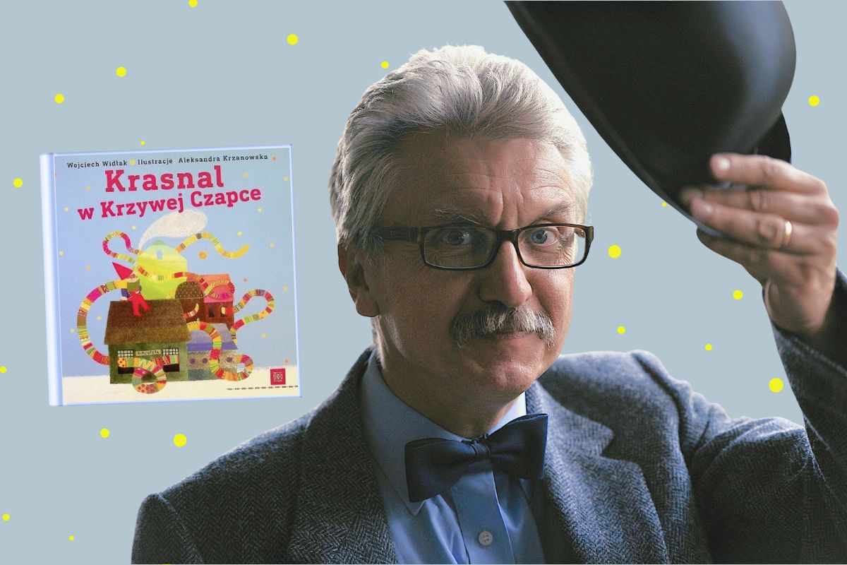 Elegancki  mężczyzna w okularach unosi do góry kapelusz, po lewej okładka książki