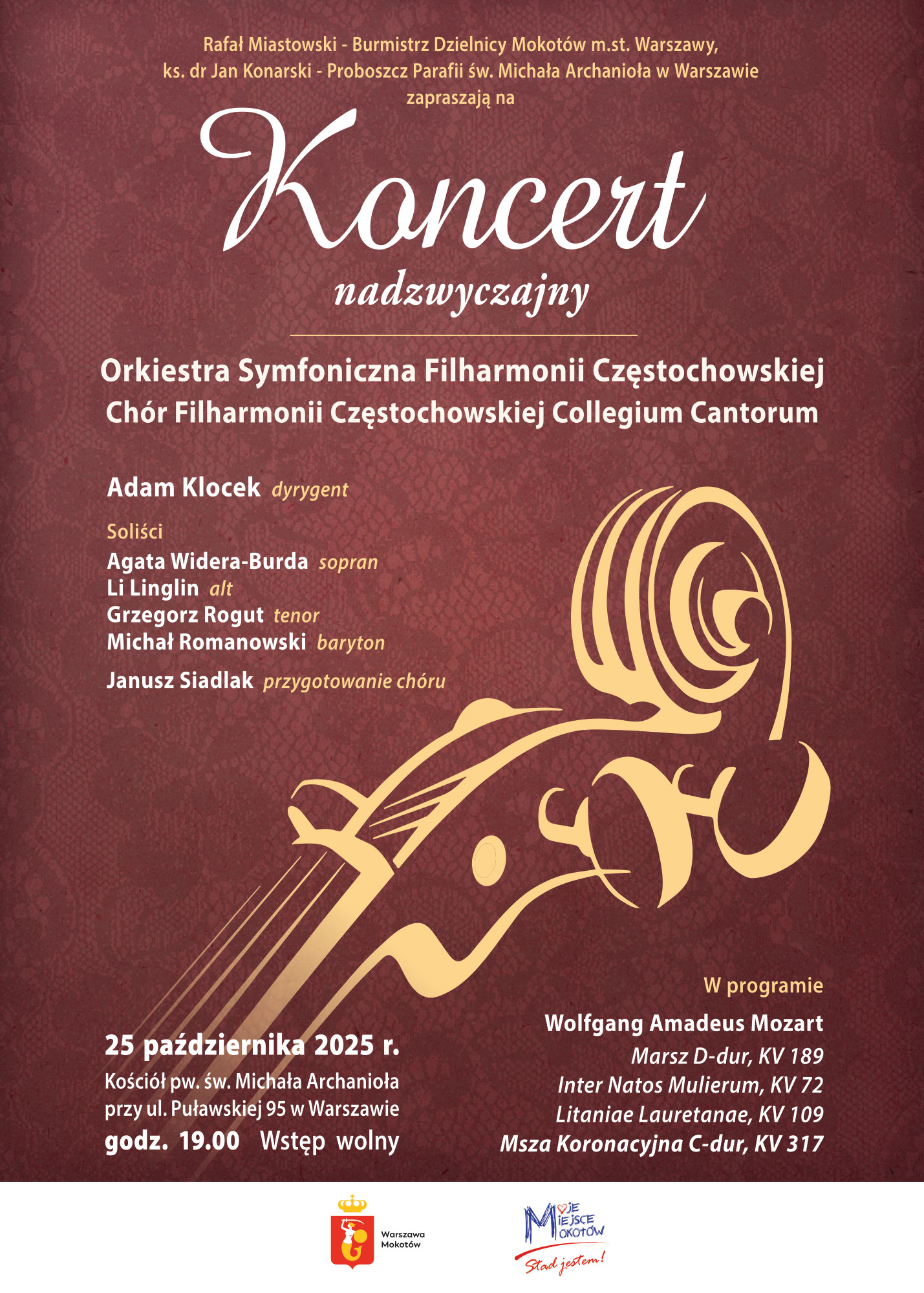 Na brązowym tle żółty zarys gryfu skrzypiec, tekst z plakatu w treści artykułu