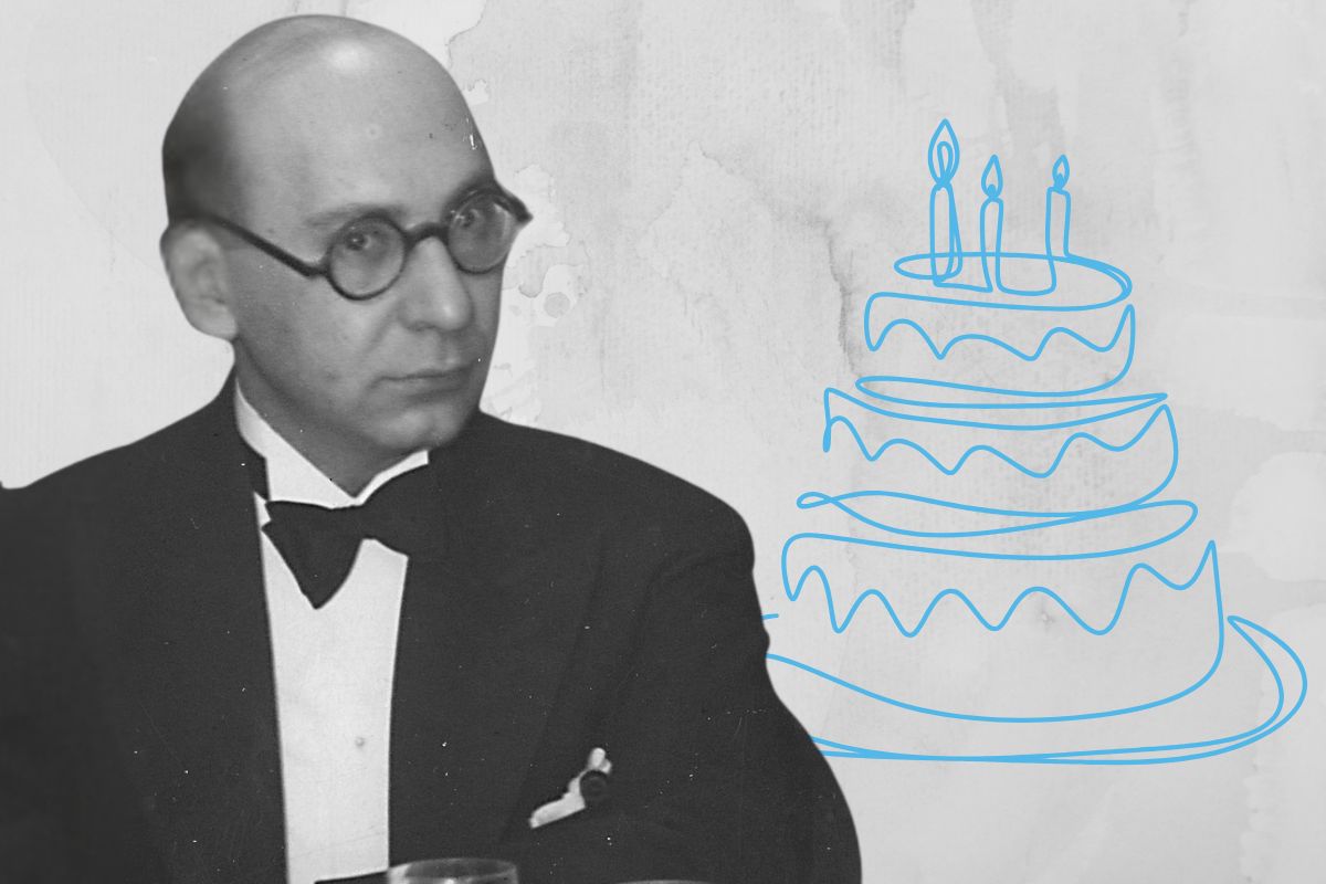 Elegancki mężczyzna w okularach pod muszką na szarym tle, rysunek tortu