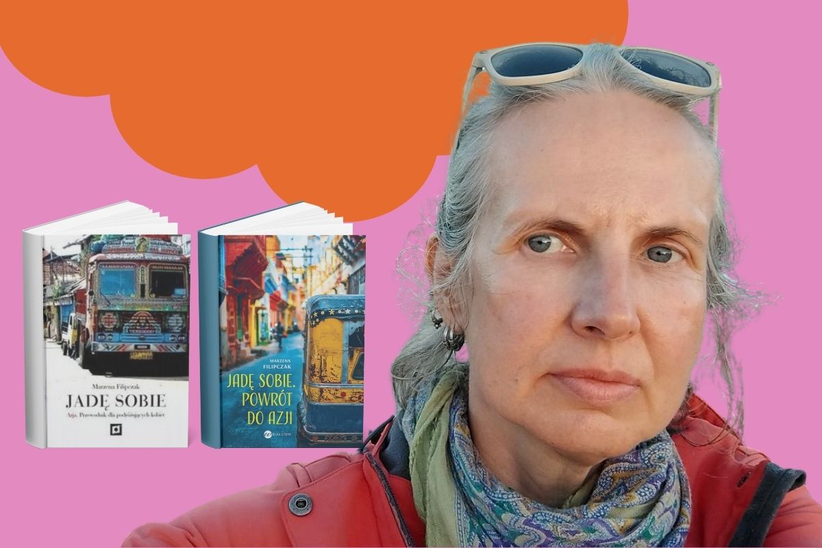 Na różowo-pomarańczowym tle kobieta z siwymi włosami, okładki książek z lewej strony