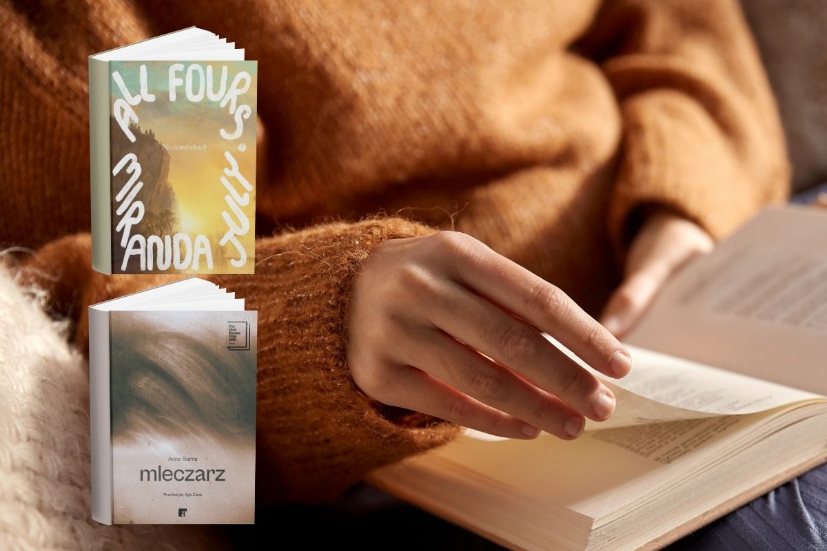 Ręce kobiety w rudym swetrze przekładają kartkę w książce, z lewej wmontowane okładki dwóch książek