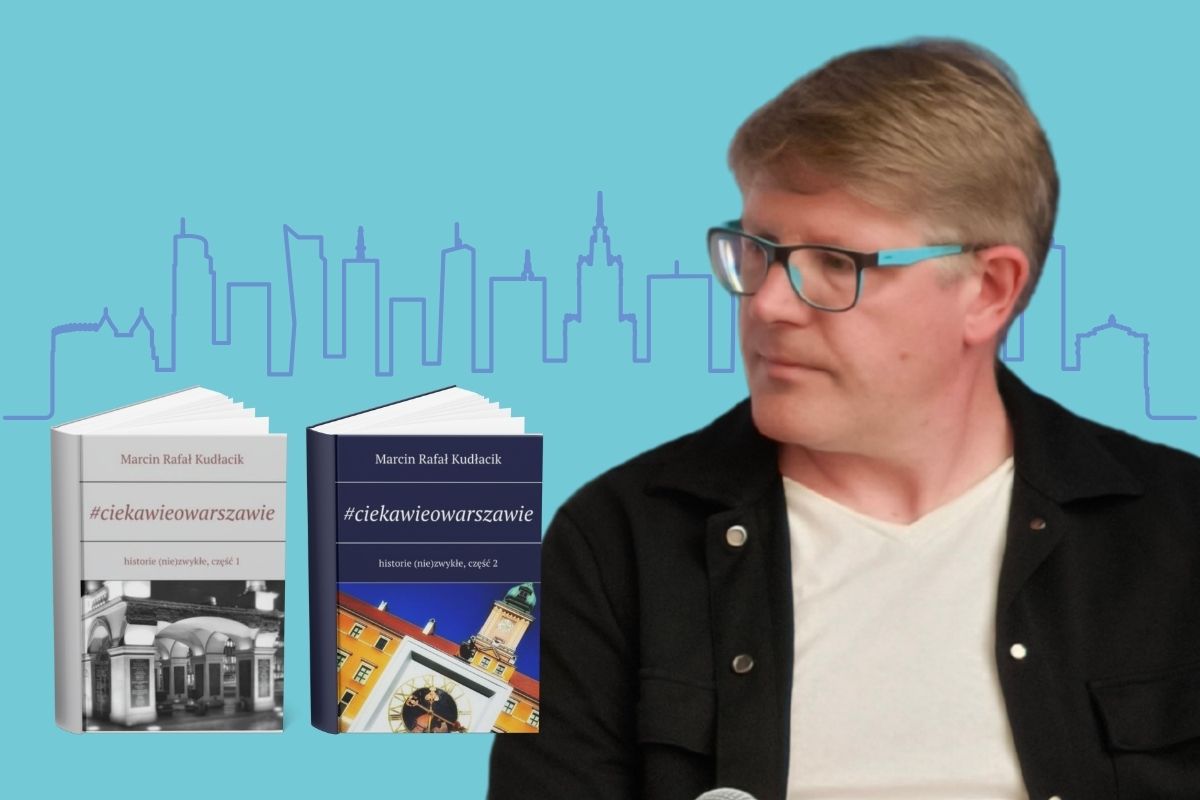 Na niebieskim tle mężczyzna w okularach, z lewej okładki dwóch książek