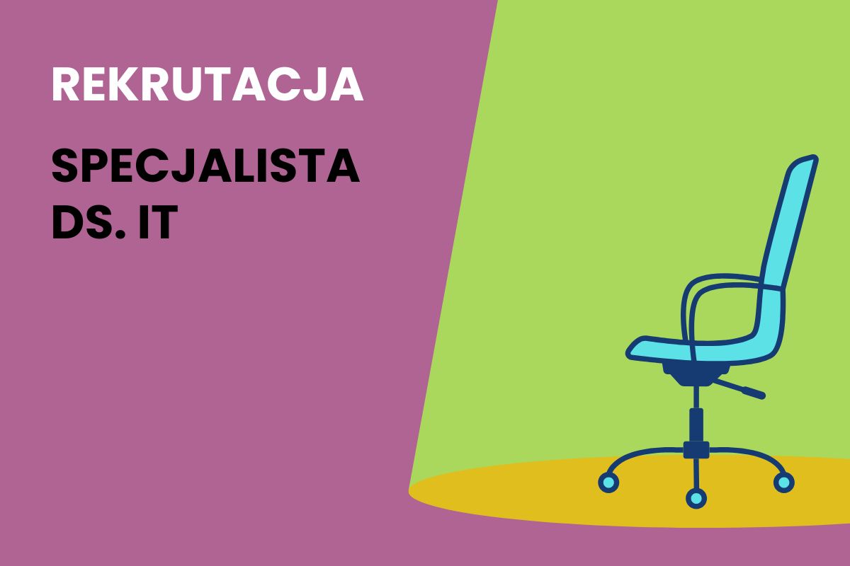 Na fioletowym tle napis: Rekrutacja. Specjalista ds. IT, rysunek fotela biurowego w świetle reflektora