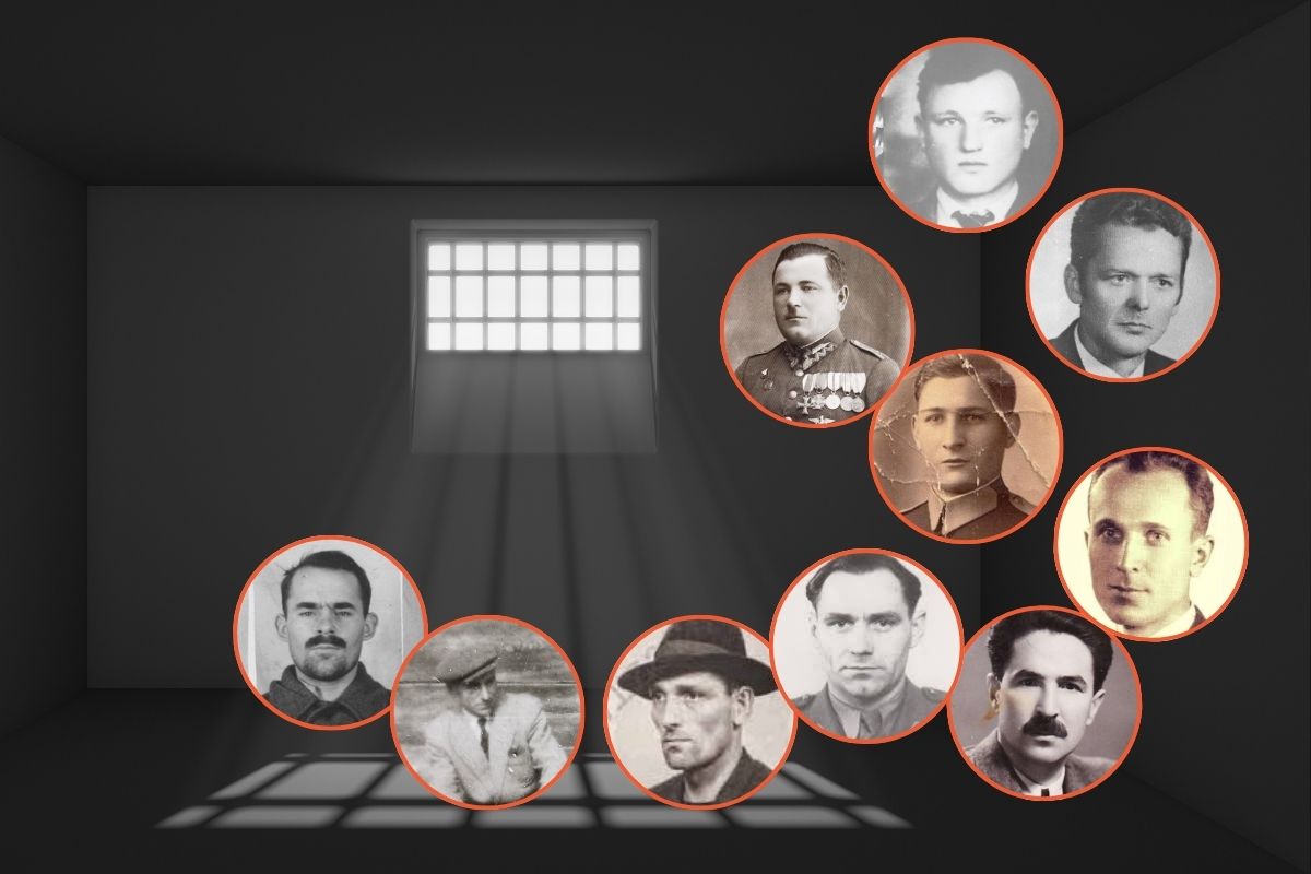 Na tle wnętrza więziennej celi 10 kółek ze zdjęciami żołnierzy więzionych w PRL-u