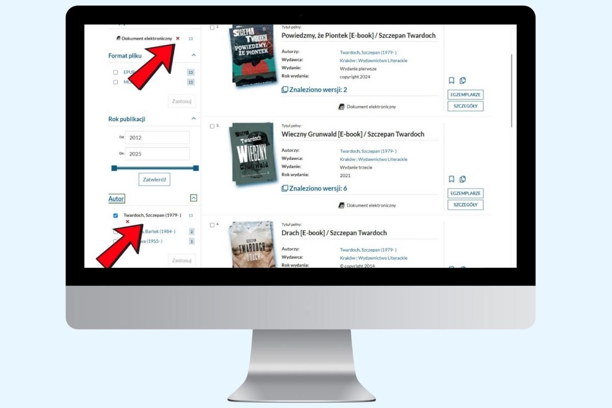 Na błękitnym tle ekran komputera z otwartą stroną katalogu biblioteki