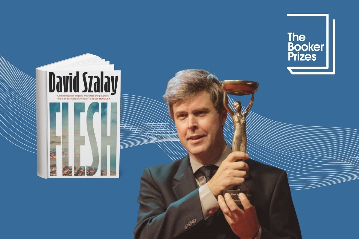 Na niebieskim tle postać mężczyzny ze statuetką Bookera, obok okładka nagrodzonej książki (Flesh) i logotyp Nagrody Bookera