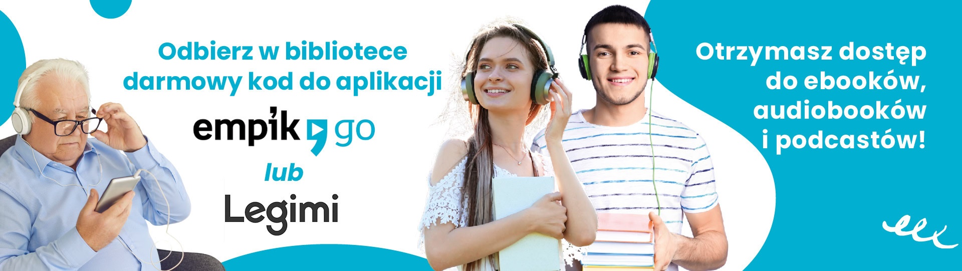 Zdjęcie starszego mężczyzny, który czyta e-book, obok kobieta i mężczyzna słuchający audiobooka, napis: odbierz darmowy dostęp do aplikacji Legimi i EmpikGo